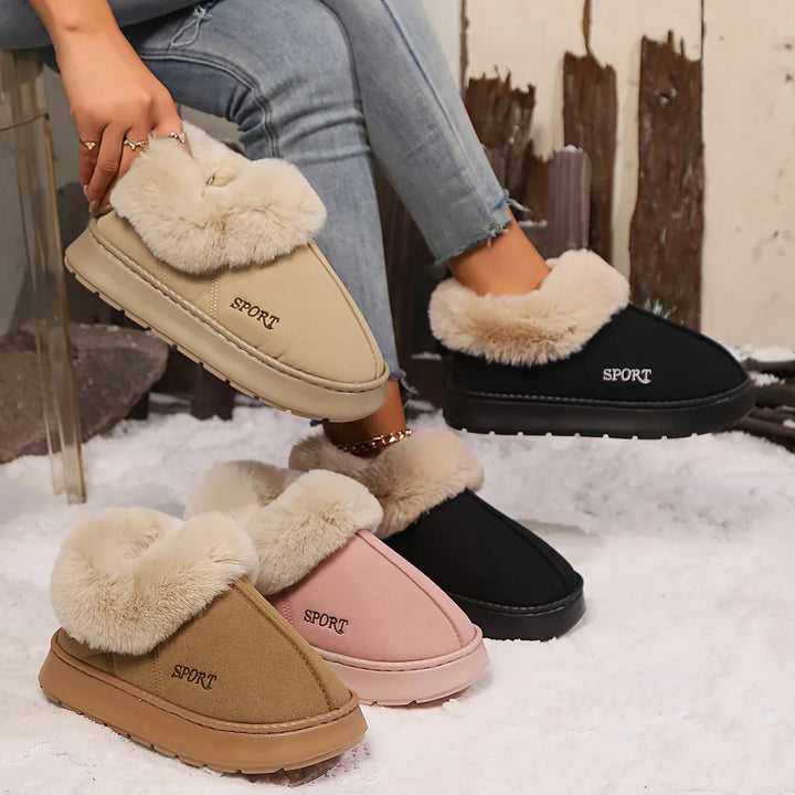 Fur-lined cozy slippers in beige, black, pink, and brown colors with SPORT logo, worn with jeans