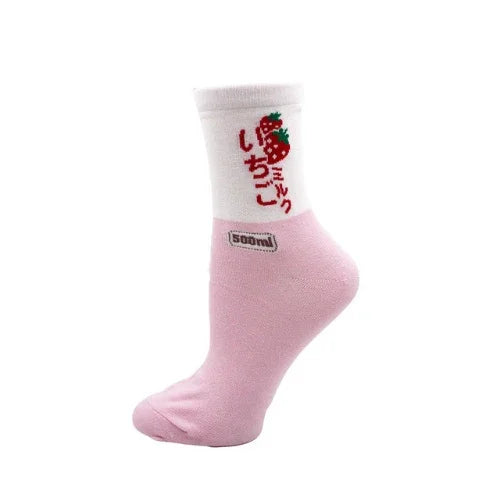 Pink and white ankle sock with Japanese strawberry milk design and red strawberry graphic