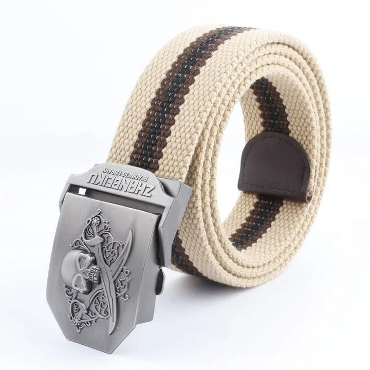 Beige canvas belt with brown stripe and metal skull and crossed swords buckle