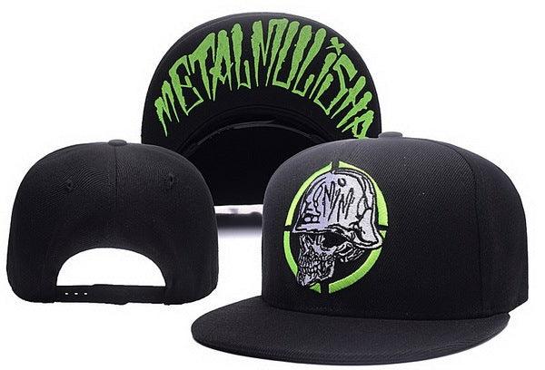 Black snapback hat with neon green skull in helmet logo and green text metal noise on underside of brim
