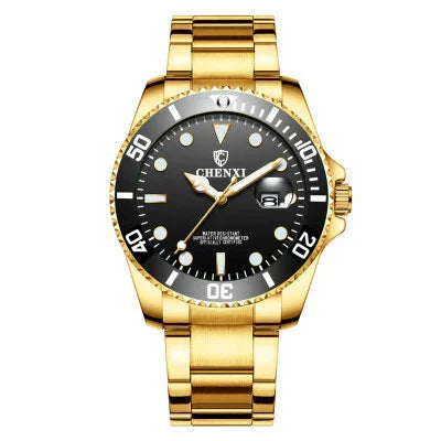 Gold CHENXI men's wristwatch with black dial, date display, and rotating bezel