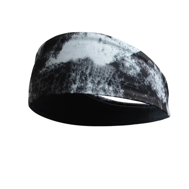 Black and gray tie-dye sports headband with moisture-wicking fabric
