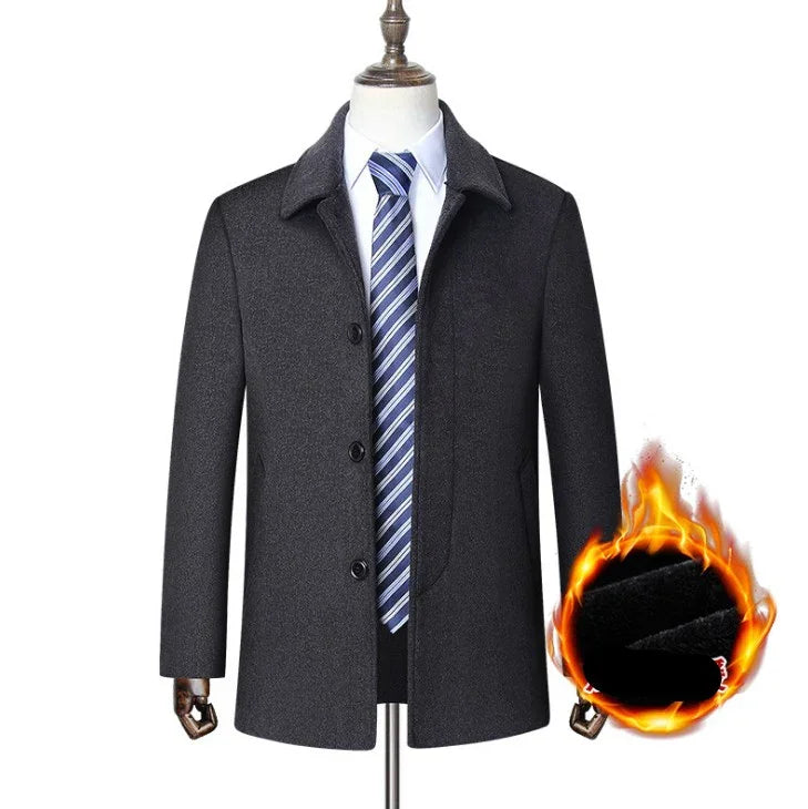 Men's dark gray wool coat with buttons, white shirt, striped blue tie, warm fire graphic