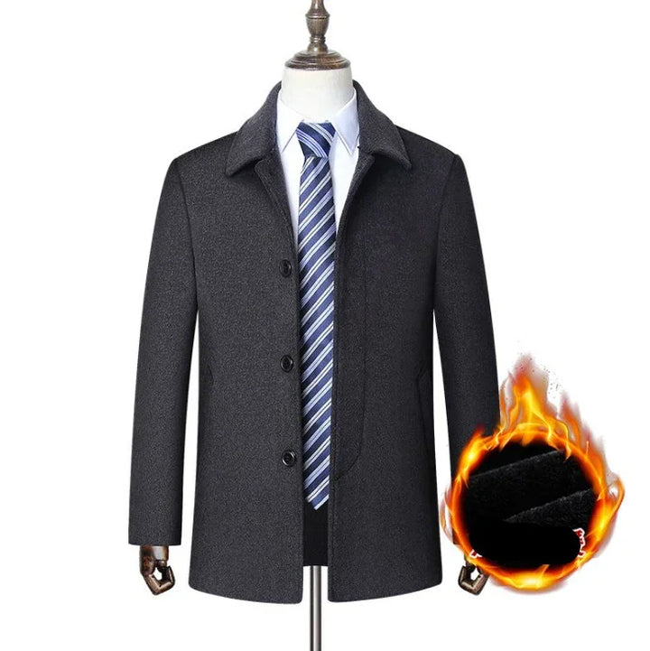 Men's dark gray wool coat with buttons, white shirt, striped blue tie, warm fire graphic
