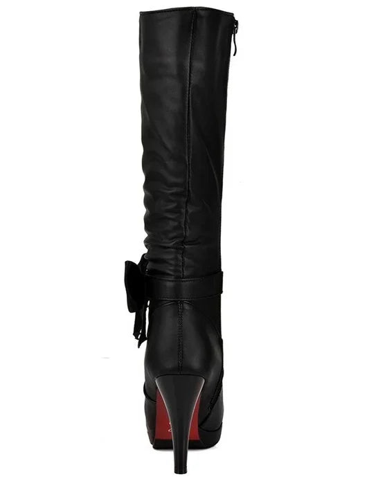 Black high-heeled knee-high women's boot with side zipper and decorative bow detail