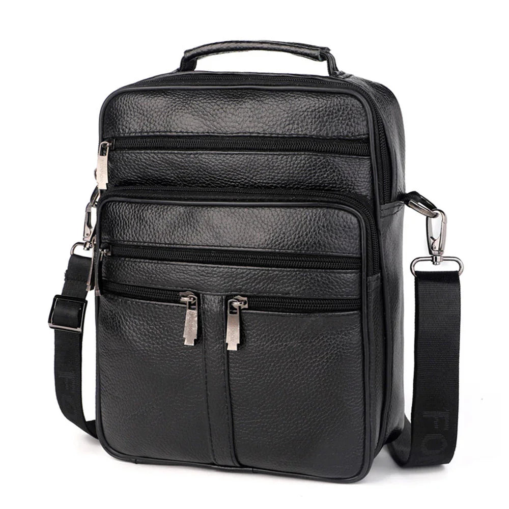 Black leather men’s shoulder bag with multiple zippered compartments and adjustable strap