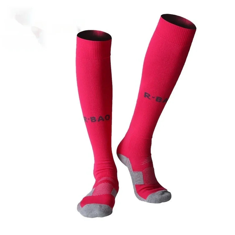 Bright pink knee-high compression socks with gray toes and R-BAO text on white background