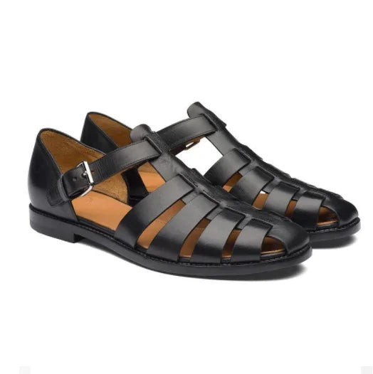 Black leather men's fisherman sandals with buckle strap and woven design
