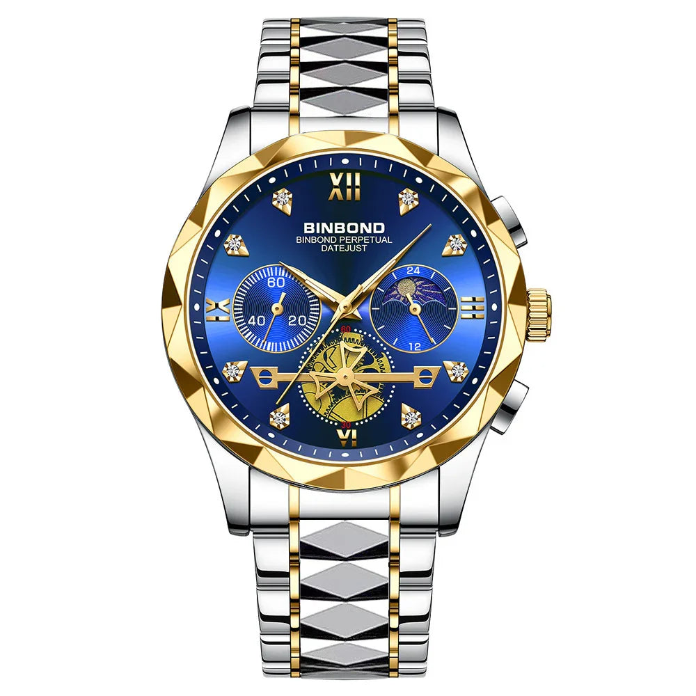 Luxury BINBOND Perpetual Datejust wristwatch with blue dial, gold-tone bezel, and silver-gold metal strap