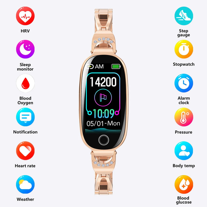 Rose gold smart fitness watch with health tracking features including HRV, sleep, blood oxygen, heart rate, step gauge, and more
