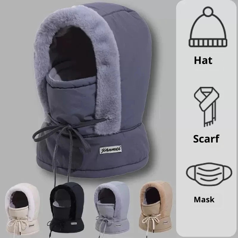 Winter hooded face mask with fur lining and adjustable drawstrings in multiple colors