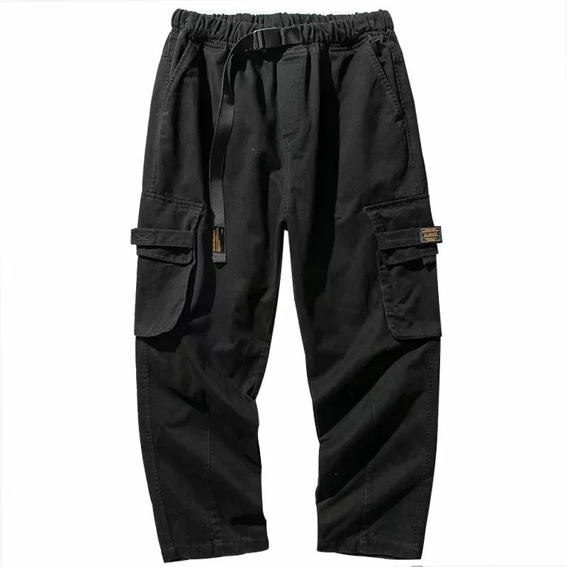 Black cargo pants with elastic waist, adjustable belt, and multiple side pockets