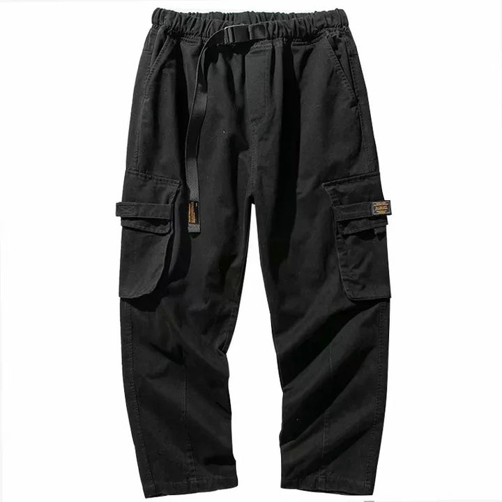 Black cargo pants with elastic waist, adjustable belt, and multiple side pockets