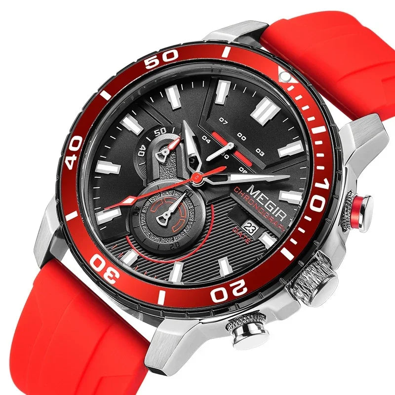 Megir chronograph men's wristwatch with black dial, red bezel, and red silicone strap