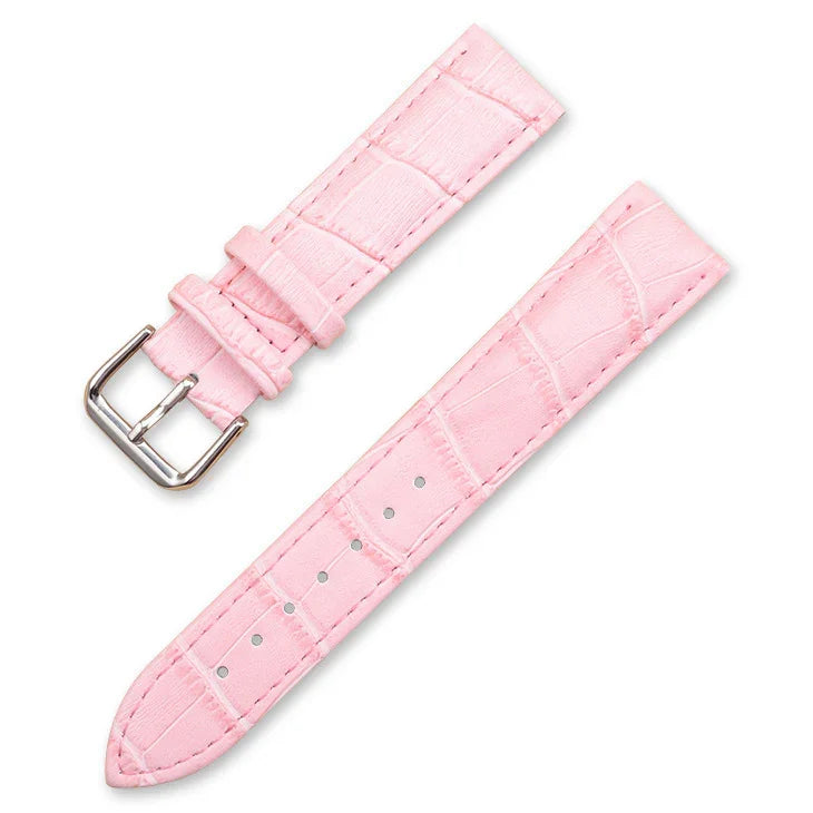 Pink faux crocodile leather watch strap with silver buckle on white background