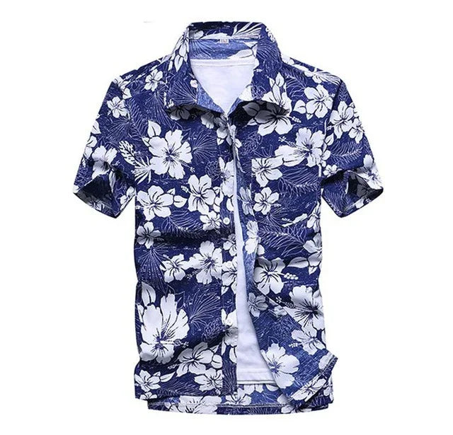 Blue short sleeve Hawaiian shirt with white tropical hibiscus flower print