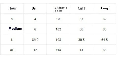Clothing size chart showing measurements for Small, Medium, Large, and XL sizes with bust, cuff, and length data