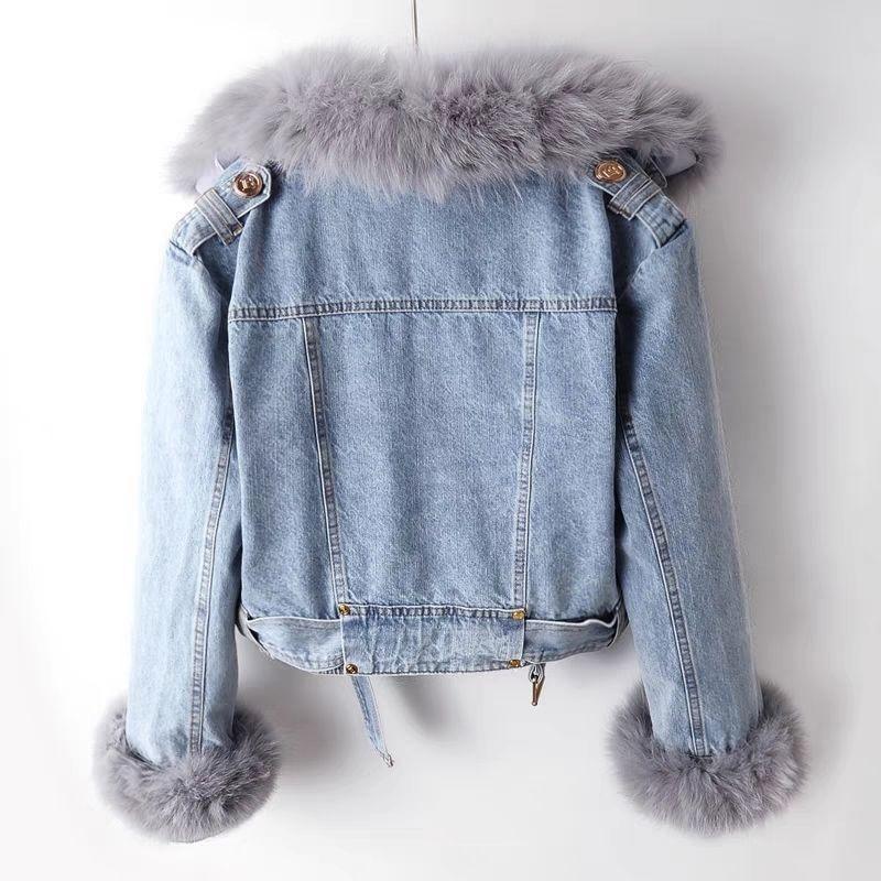 Light blue denim jacket with gray faux fur collar and cuffs, gold button details