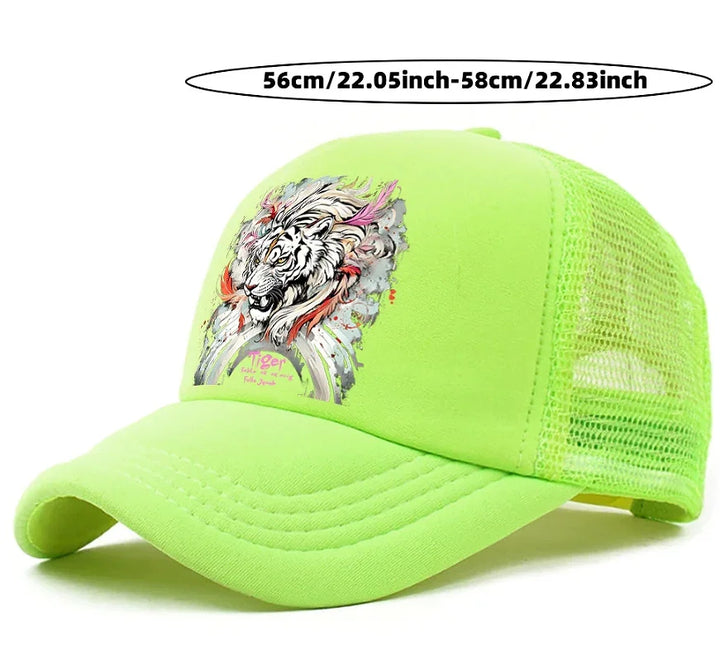 Neon green mesh baseball cap with colorful tiger illustration and adjustable strap