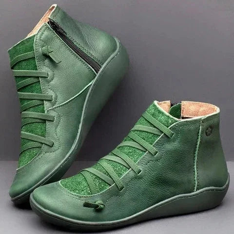 Green leather high-top casual shoes with side zipper and textured fabric panels