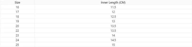 Shoe size chart listing sizes 16 to 25 with corresponding inner lengths in centimeters