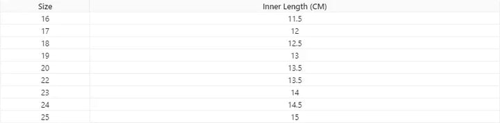 Shoe size chart listing sizes 16 to 25 with corresponding inner lengths in centimeters