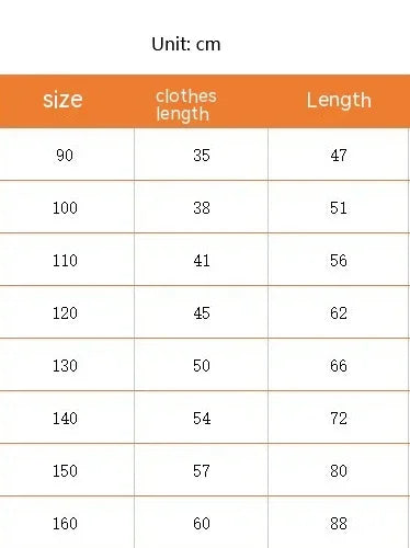 Clothing size chart in centimeters showing sizes 90 to 160 with corresponding clothes and length measurements