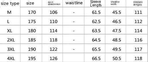 Men's size chart with measurements for chest circumference, sleeve length, shoulder width, and clothes length in sizes M to 4XL