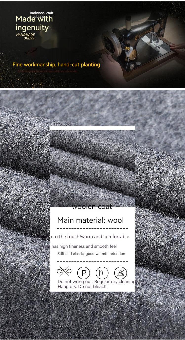 Close-up of soft gray woolen coat fabric with care instructions and vintage sewing machine