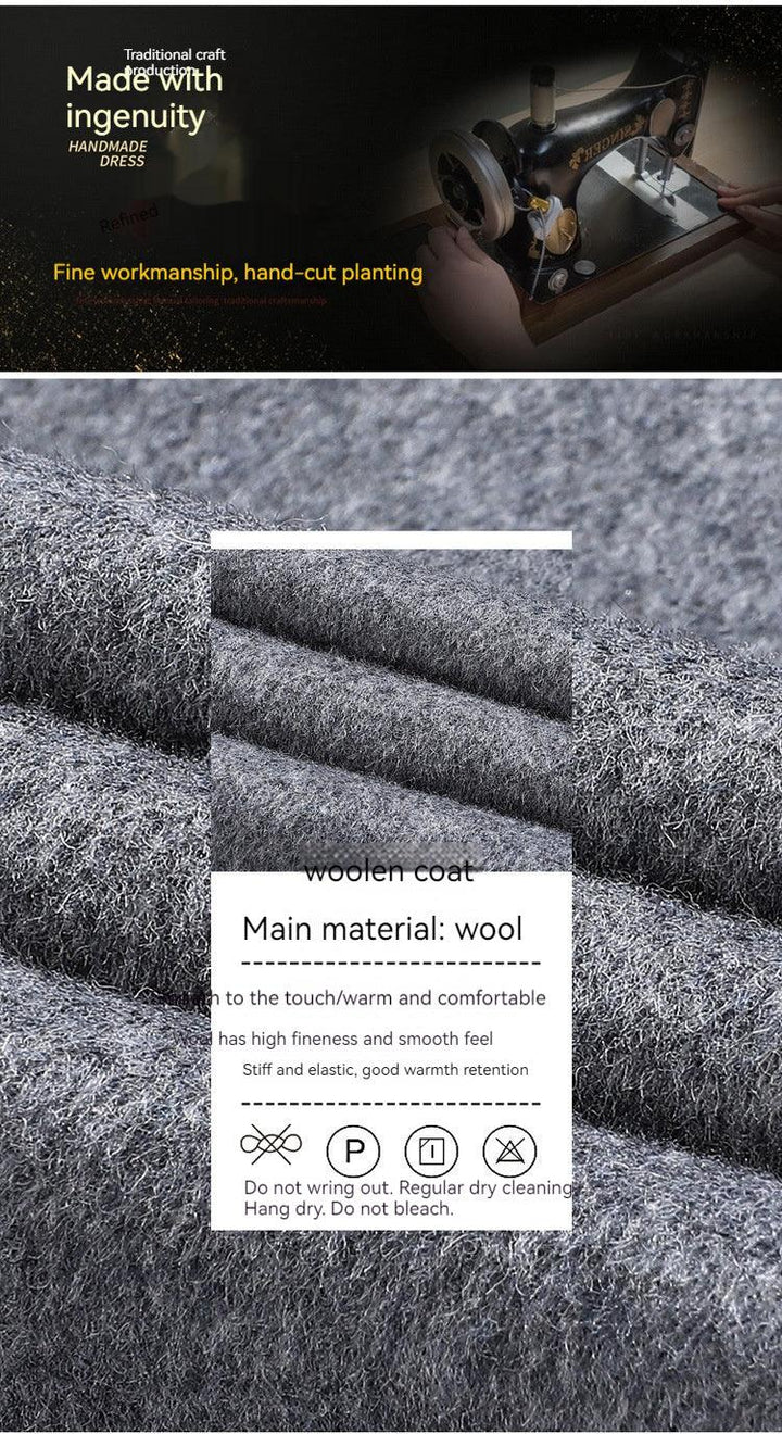 Close-up of soft gray woolen coat fabric with care instructions and vintage sewing machine