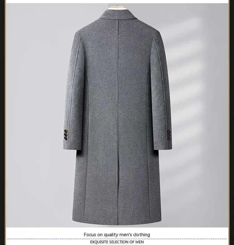 Back view of a gray men's wool overcoat with buttoned sleeves on a wooden hanger