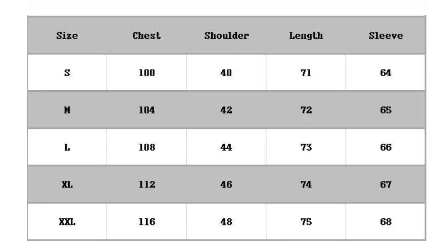 Clothing size chart with measurements for chest, shoulder, length, and sleeve across sizes S to XXL