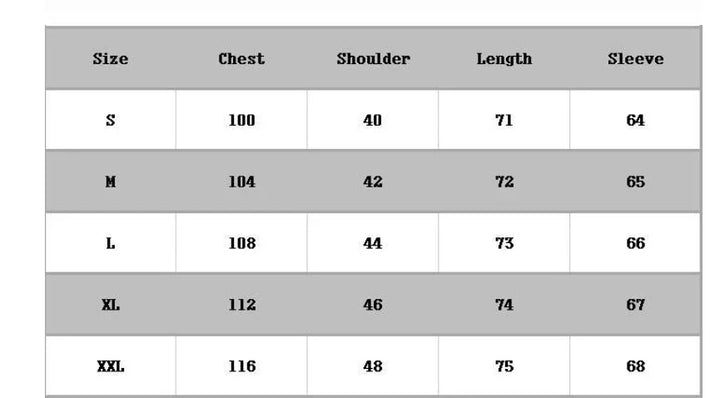 Clothing size chart with measurements for chest, shoulder, length, and sleeve across sizes S to XXL