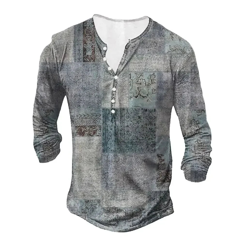 Men's casual henley shirt with long sleeves and vintage-style patchwork pattern in muted gray tones