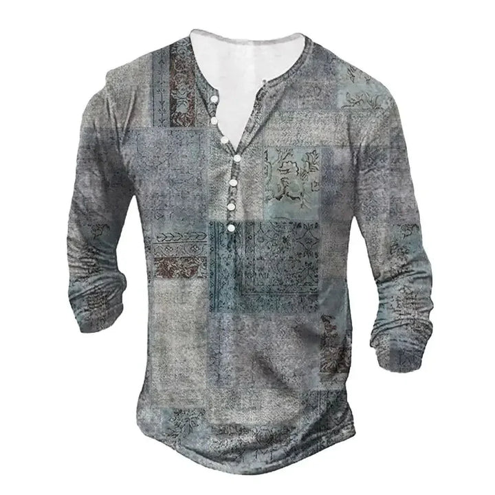 Men's casual henley shirt with long sleeves and vintage-style patchwork pattern in muted gray tones