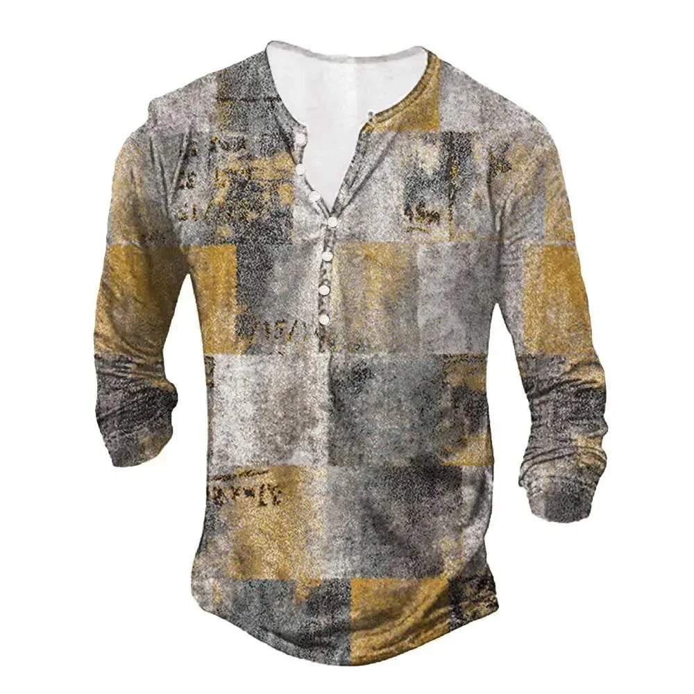 Men's long sleeve henley shirt with abstract gray, black, and mustard yellow patch pattern