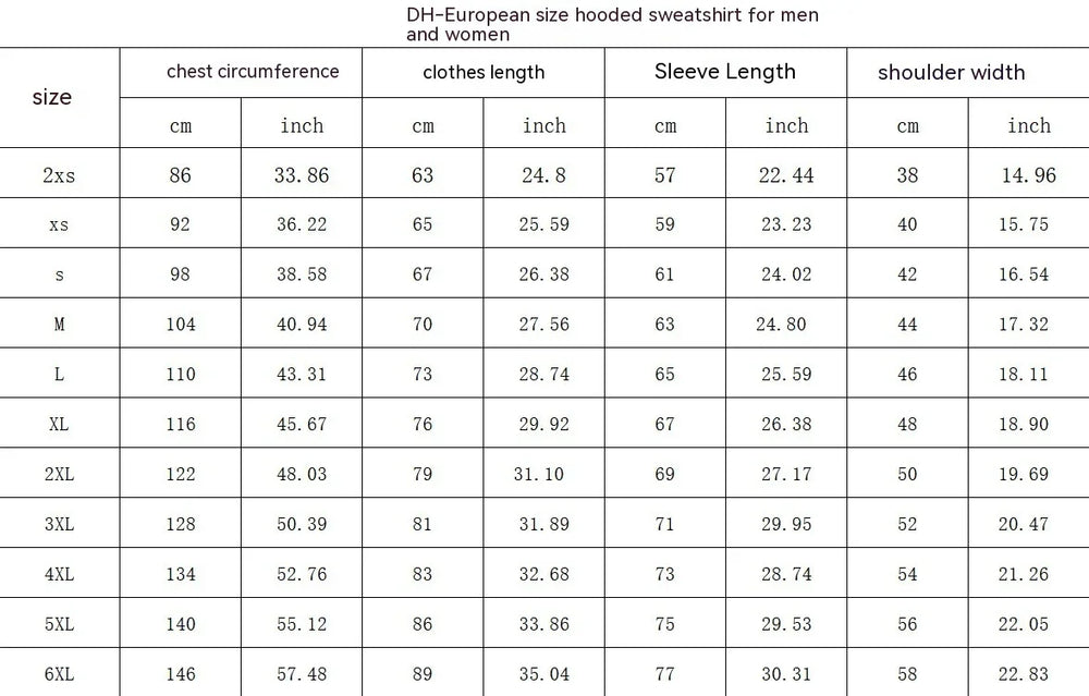 DH-European size chart for men's and women's hooded sweatshirts showing measurements in cm and inches for chest, length, sleeve, and shoulder