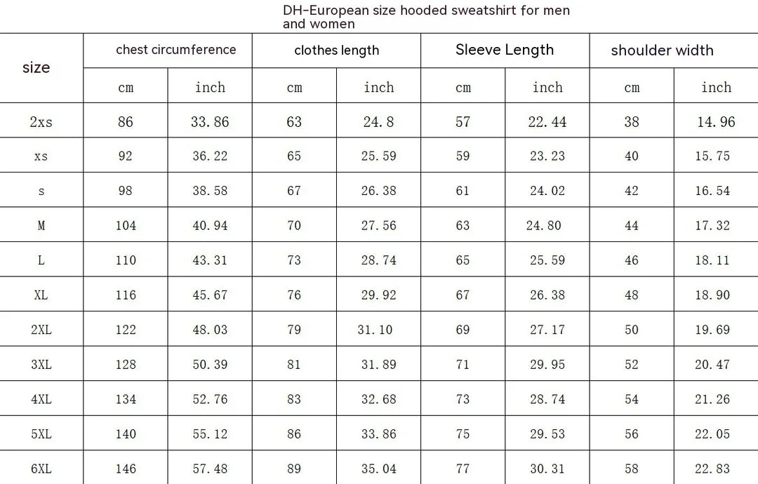 DH-European size chart for men's and women's hooded sweatshirts showing measurements in cm and inches for chest, length, sleeve, and shoulder
