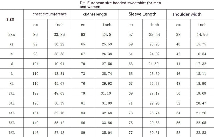 DH-European size chart for men's and women's hooded sweatshirts showing measurements in cm and inches for chest, length, sleeve, and shoulder