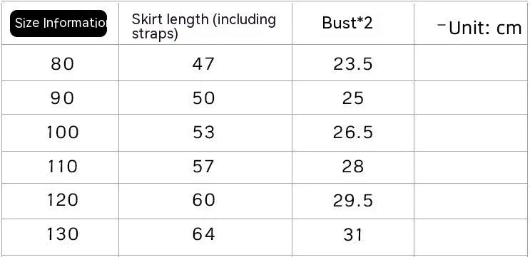 Clothing size chart showing skirt length and bust measurements in cm for sizes 80 to 130