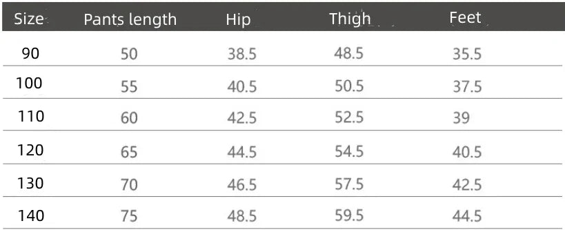 Size chart for children's pants showing measurements for pants length, hip, thigh, and feet across sizes 90 to 140
