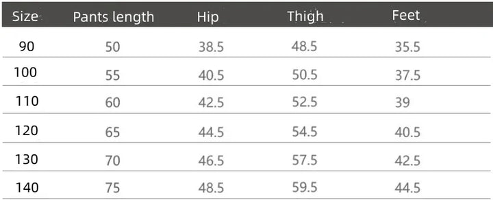 Size chart for children's pants showing measurements for pants length, hip, thigh, and feet across sizes 90 to 140