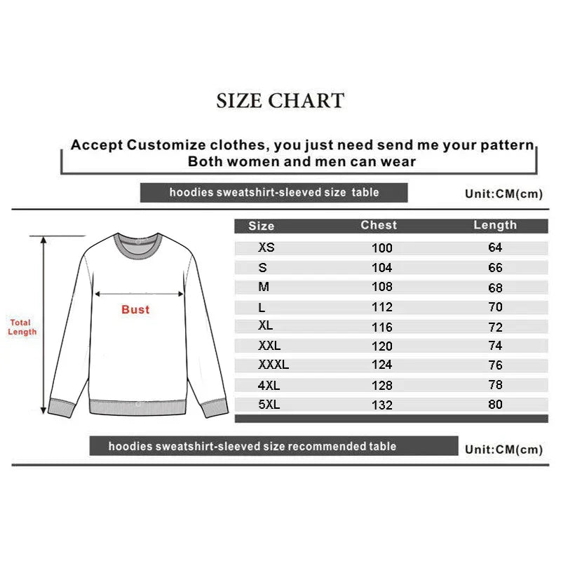 Sweatshirt size chart with chest and length measurements in cm for sizes XS to 5XL, unisex hoodie guide