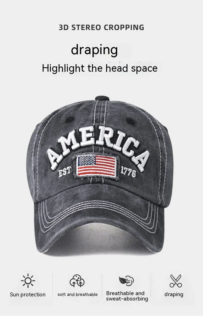 Gray America baseball cap with embroidered US flag and EST 1776, soft breathable fabric