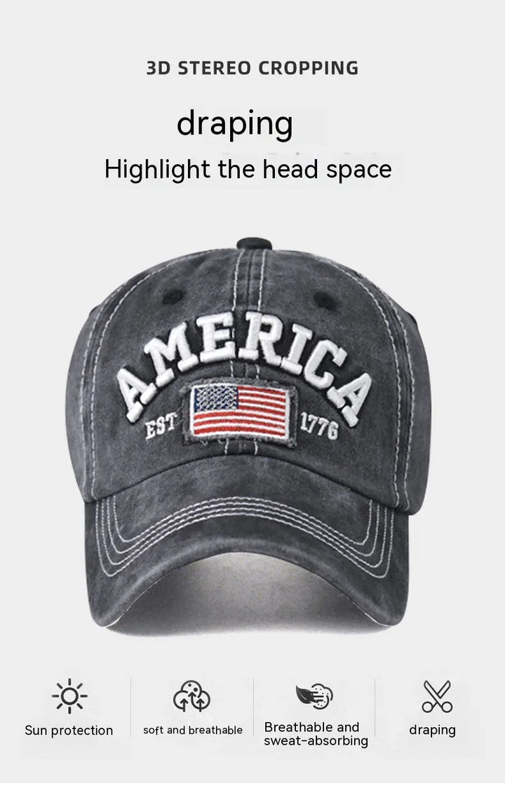 Gray America baseball cap with embroidered US flag and EST 1776, soft breathable fabric