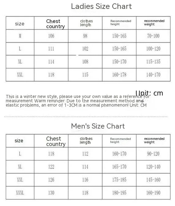 Ladies and Men's winter clothing size chart with chest, length, height, and weight in cm
