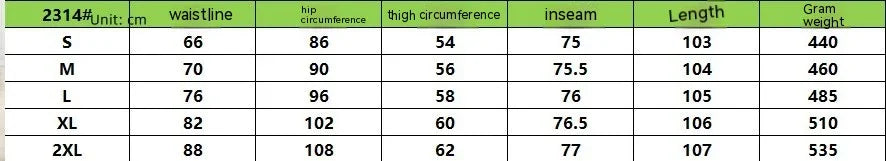Clothing size chart in centimeters showing waistline, hip, thigh circumference, inseam, length, and gram weight for sizes S to 2XL