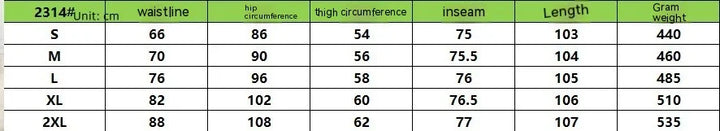 Clothing size chart in centimeters showing waistline, hip, thigh circumference, inseam, length, and gram weight for sizes S to 2XL