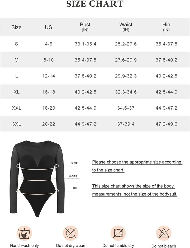 Women's bodysuit size chart with bust, waist, and hip measurements in inches for sizes S to 3XL