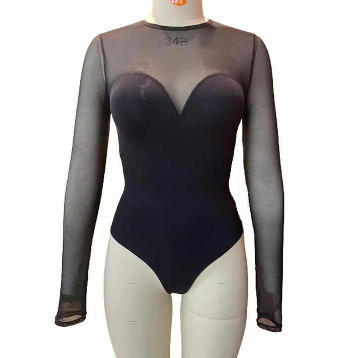 Black sheer mesh long-sleeve bodysuit with sweetheart neckline on mannequin